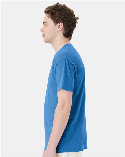 Hanes GDH150 Unisex Garment-Dyed Pocket T-Shirt - Summer Sky Blue - model side