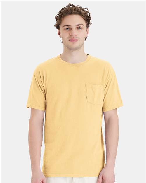 Hanes GDH150 Unisex Garment-Dyed Pocket T-Shirt - Summer Squash Yellow - model front