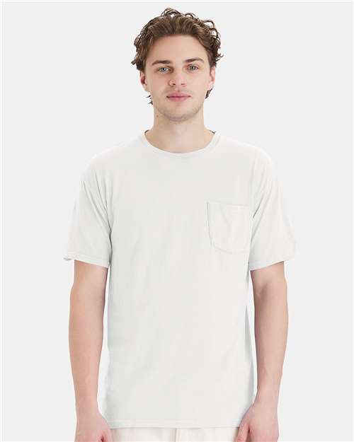 Hanes GDH150 Unisex Garment-Dyed Pocket T-Shirt - White - model front