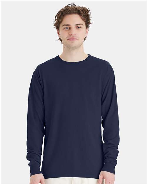 Hanes GDH200 Unisex Garment-Dyed Long Sleeve T-Shirt - Navy - model front