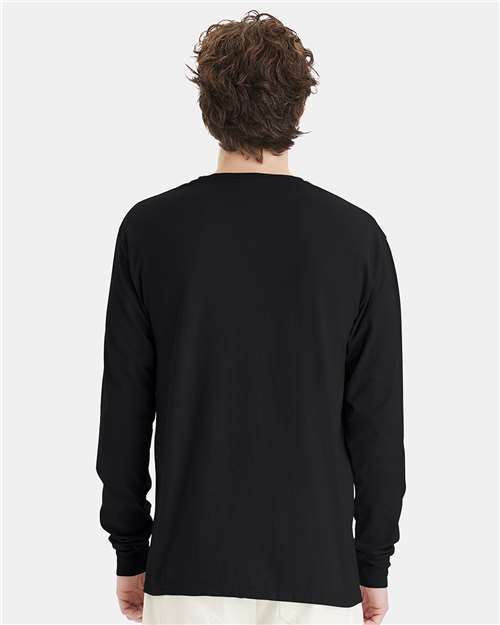 Hanes GDH200 Unisex Garment-Dyed Long Sleeve T-Shirt - Black - model back