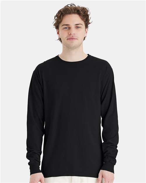Hanes GDH200 Unisex Garment-Dyed Long Sleeve T-Shirt - Black - model front