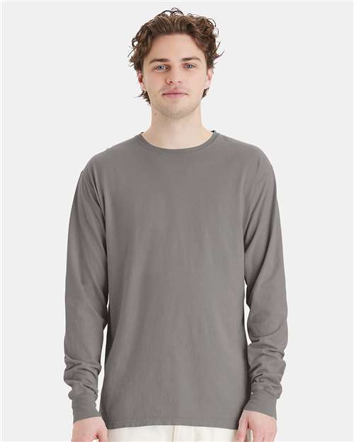 Hanes GDH200 Unisex Garment-Dyed Long Sleeve T-Shirt - Concrete Grey - model front
