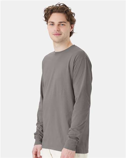 Hanes GDH200 Unisex Garment-Dyed Long Sleeve T-Shirt - Concrete Grey - model side