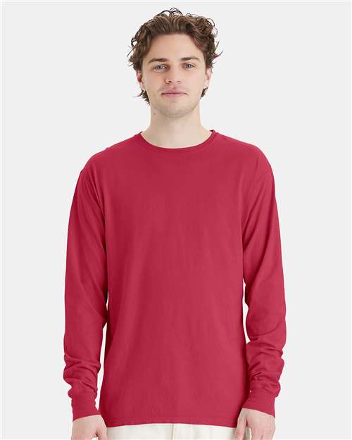 Hanes GDH200 Unisex Garment-Dyed Long Sleeve T-Shirt - Crimson Fall - model front