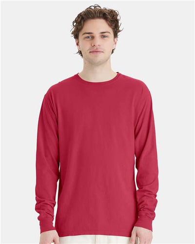 Hanes GDH200 Unisex Garment-Dyed Long Sleeve T-Shirt - Crimson Fall - model front
