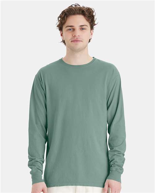 Hanes GDH200 Unisex Garment-Dyed Long Sleeve T-Shirt - Cypress Green - model front