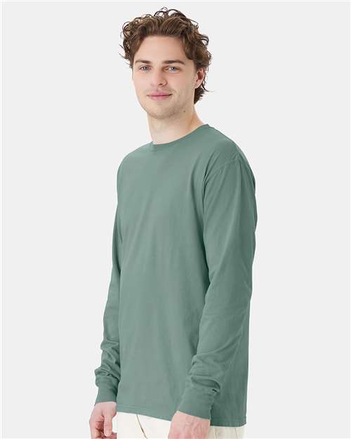 Hanes GDH200 Unisex Garment-Dyed Long Sleeve T-Shirt - Cypress Green - model side
