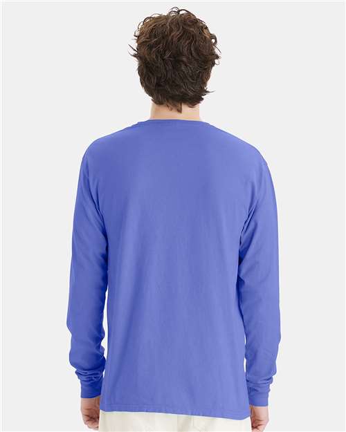 Hanes GDH200 Unisex Garment-Dyed Long Sleeve T-Shirt - Deep Forte Blue - model back