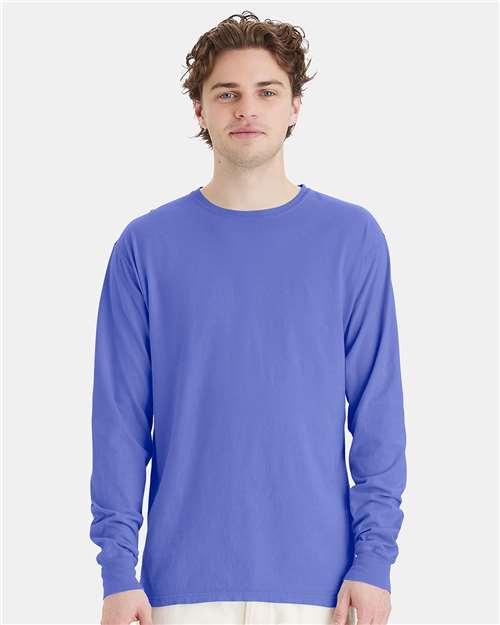 Hanes GDH200 Unisex Garment-Dyed Long Sleeve T-Shirt - Deep Forte Blue - model front