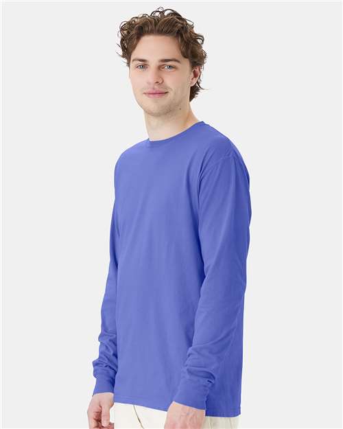 Hanes GDH200 Unisex Garment-Dyed Long Sleeve T-Shirt - Deep Forte Blue - model side
