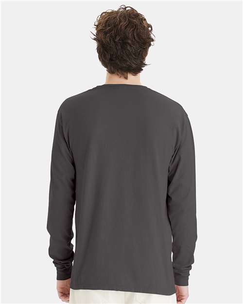 Hanes GDH200 Unisex Garment-Dyed Long Sleeve T-Shirt - New Railroad Grey - model back