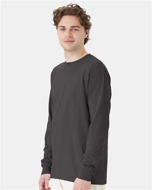 Hanes GDH200 Unisex Garment-Dyed Long Sleeve T-Shirt - New Railroad Grey - model side