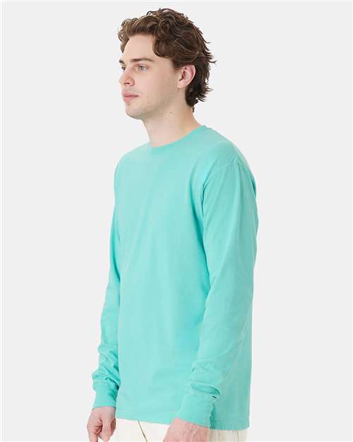 Hanes GDH200 Unisex Garment-Dyed Long Sleeve T-Shirt - Mint - model side