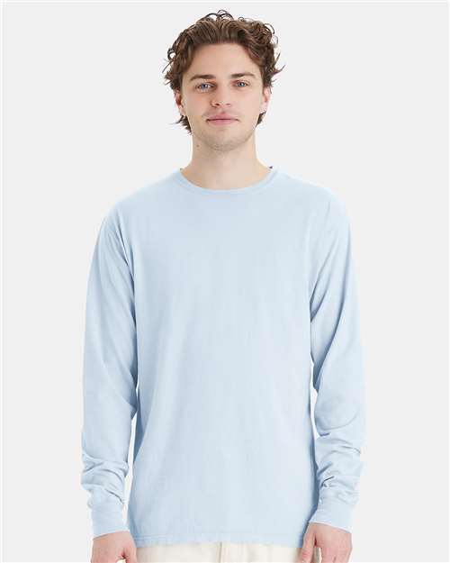 Hanes GDH200 Unisex Garment-Dyed Long Sleeve T-Shirt - Soothing Blue - model front