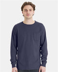 Hanes GDH250 Unisex Garment-Dyed Long Sleeve T-Shirt With a Pocket - Anchor Slate - model front