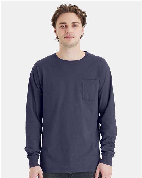 Hanes GDH250 Unisex Garment-Dyed Long Sleeve T-Shirt With a Pocket - Anchor Slate - model front
