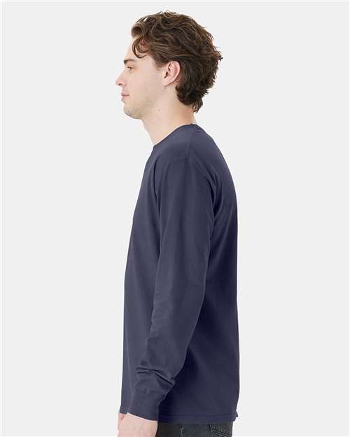Hanes GDH250 Unisex Garment-Dyed Long Sleeve T-Shirt With a Pocket - Anchor Slate - model side