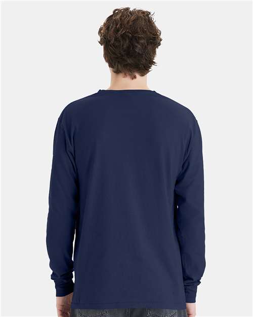 Hanes GDH250 Unisex Garment-Dyed Long Sleeve T-Shirt With a Pocket - Navy - model back