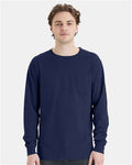 Hanes GDH250 Unisex Garment-Dyed Long Sleeve T-Shirt With a Pocket - Navy - model front