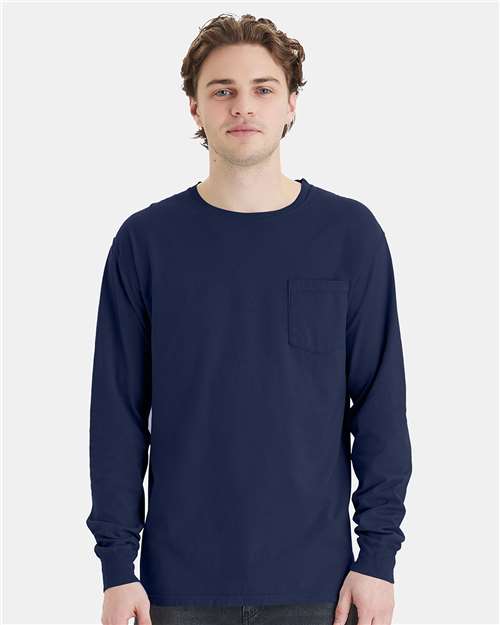 Hanes GDH250 Unisex Garment-Dyed Long Sleeve T-Shirt With a Pocket - Navy - model front
