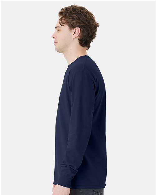 Hanes GDH250 Unisex Garment-Dyed Long Sleeve T-Shirt With a Pocket - Navy - model side