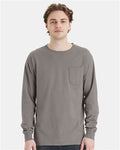 Hanes GDH250 Unisex Garment-Dyed Long Sleeve T-Shirt With a Pocket - Concrete Grey - model front