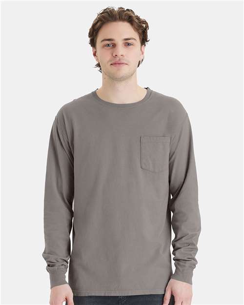 Hanes GDH250 Unisex Garment-Dyed Long Sleeve T-Shirt With a Pocket - Concrete Grey - model front