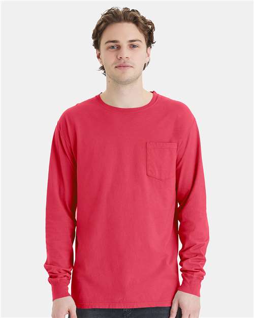 Hanes GDH250 Unisex Garment-Dyed Long Sleeve T-Shirt With a Pocket - Crimson Fall - model front