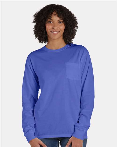 Hanes GDH250 Unisex Garment-Dyed Long Sleeve T-Shirt With a Pocket - Deep Forte Blue - model front