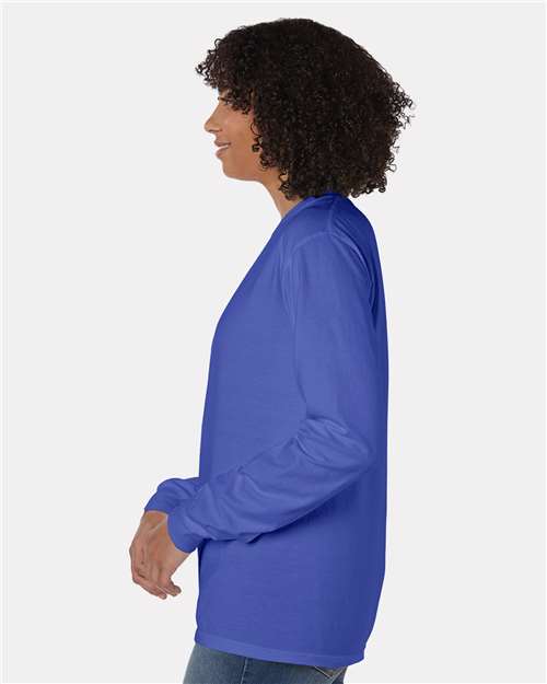 Hanes GDH250 Unisex Garment-Dyed Long Sleeve T-Shirt With a Pocket - Deep Forte Blue - model side