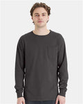 Hanes GDH250 Unisex Garment-Dyed Long Sleeve T-Shirt With a Pocket - New Railroad Grey - model front