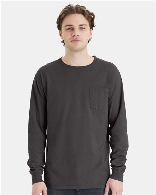 Hanes GDH250 Unisex Garment-Dyed Long Sleeve T-Shirt With a Pocket - New Railroad Grey - model front