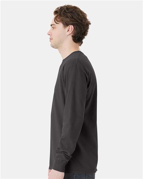 Hanes GDH250 Unisex Garment-Dyed Long Sleeve T-Shirt With a Pocket - New Railroad Grey - model side
