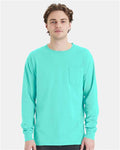 Hanes GDH250 Unisex Garment-Dyed Long Sleeve T-Shirt With a Pocket - Mint - model front