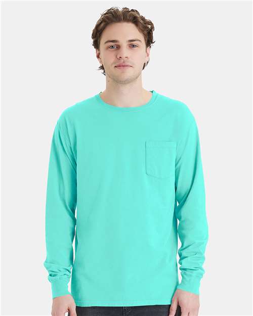 Hanes GDH250 Unisex Garment-Dyed Long Sleeve T-Shirt With a Pocket - Mint - model front