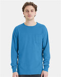 Hanes GDH250 Unisex Garment-Dyed Long Sleeve T-Shirt With a Pocket - Summer Sky Blue - model front