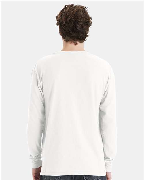 Hanes GDH250 Unisex Garment-Dyed Long Sleeve T-Shirt With a Pocket - White - model back