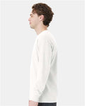 Hanes GDH250 Unisex Garment-Dyed Long Sleeve T-Shirt With a Pocket - White - model side