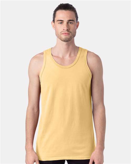 Hanes GDH300 Unisex Garment-Dyed Unisex Tank Top - Summer Squash Yellow - model front