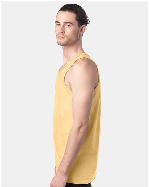 Hanes GDH300 Unisex Garment-Dyed Unisex Tank Top - Summer Squash Yellow - model side