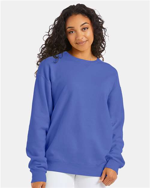 Hanes GDH400 Unisex Garment-Dyed Crewneck Sweatshirt - Deep Forte Blue - model front