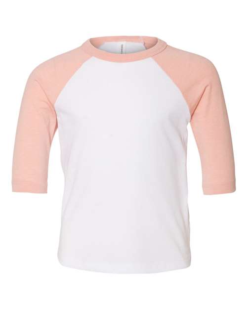 BELLA + CANVAS 3200T Toddler Three-Quarter Sleeve Baseball Tee - White/ Heather Peach - front