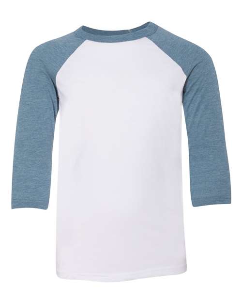 BELLA + CANVAS 3200Y Youth Three-Quarter Sleeve Baseball Tee - White/ Denim - front