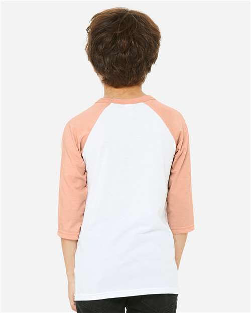 BELLA + CANVAS 3200Y Youth Three-Quarter Sleeve Baseball Tee - White/ Heather Peach - model back