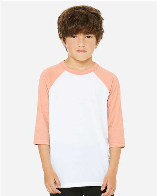 BELLA + CANVAS 3200Y Youth Three-Quarter Sleeve Baseball Tee - White/ Heather Peach - model front