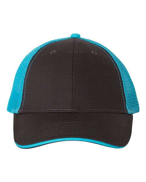 Valucap S102 Sandwich Trucker Cap - Charcoal/ Neon Blue - front