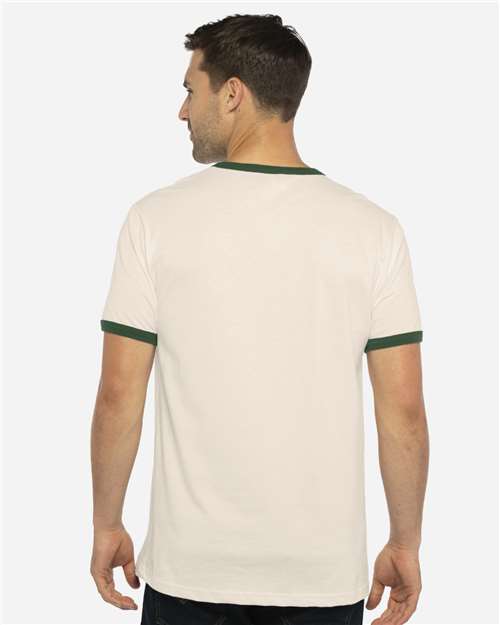 Next Level 3604 Unisex Cotton Ringer T-Shirt - Natural/ Forest Green - model back