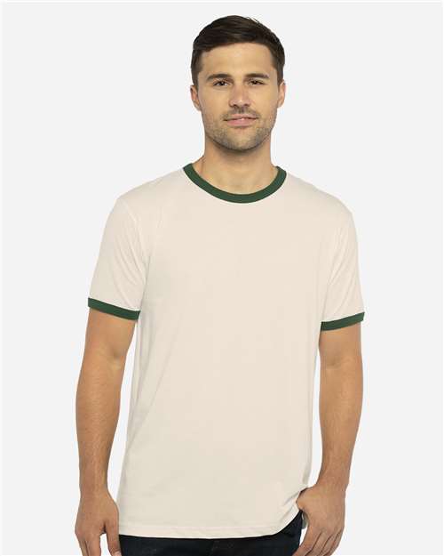 Next Level 3604 Unisex Cotton Ringer T-Shirt - Natural/ Forest Green - model front