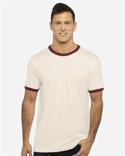 Next Level 3604 Unisex Cotton Ringer T-Shirt - Natural/ Maroon - model front